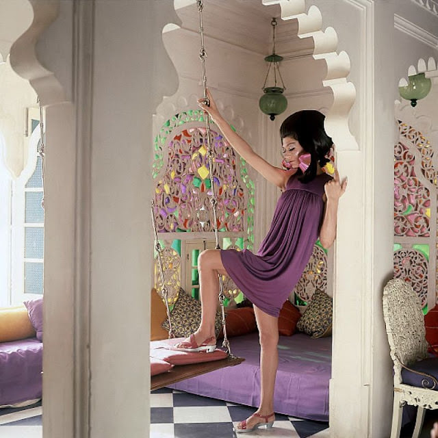Simone D'Aillencourt In A Purple Jersey Dress By Donald Brooks, Vogue, June 1, 1967.