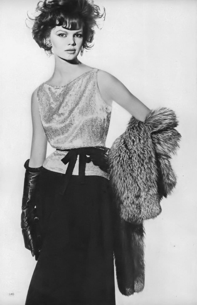 Marola Witt In A Beaded Top And Black Silk Crêpe Skirt By Donald Brooks, Vogue, November 1, 1960.