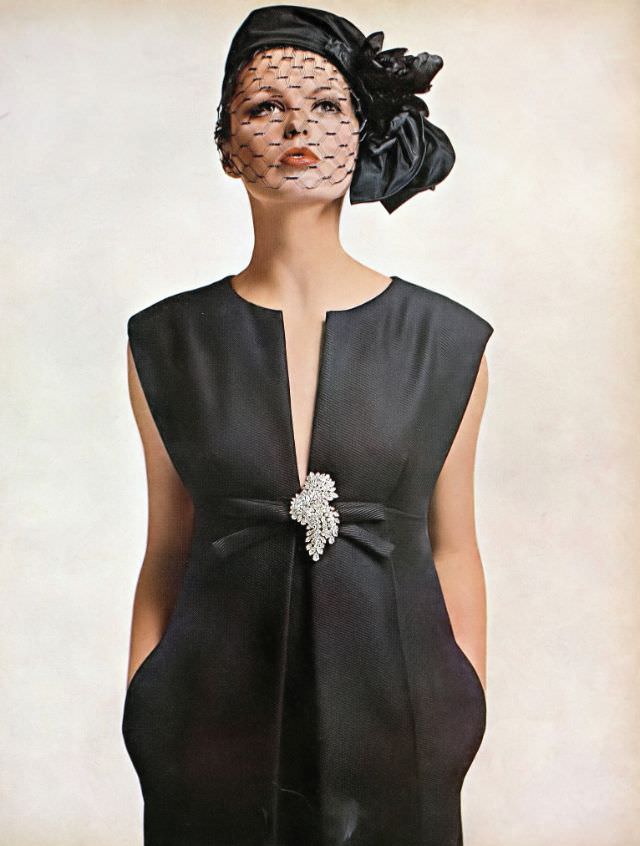 Dorothea Mcgowan In A Black Twill Dress By Donald Brooks For Townley, Harper'S Bazaar, April 1963.