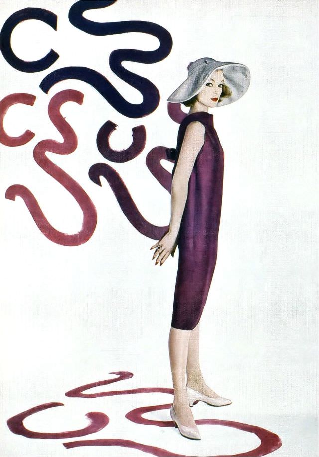 Ivy Nicholson In Violet Chemise Dress With Cowl Collar By Grenelle-Estevez, Hat By Lilly Daché, Harper'S Bazaar, April 1958.