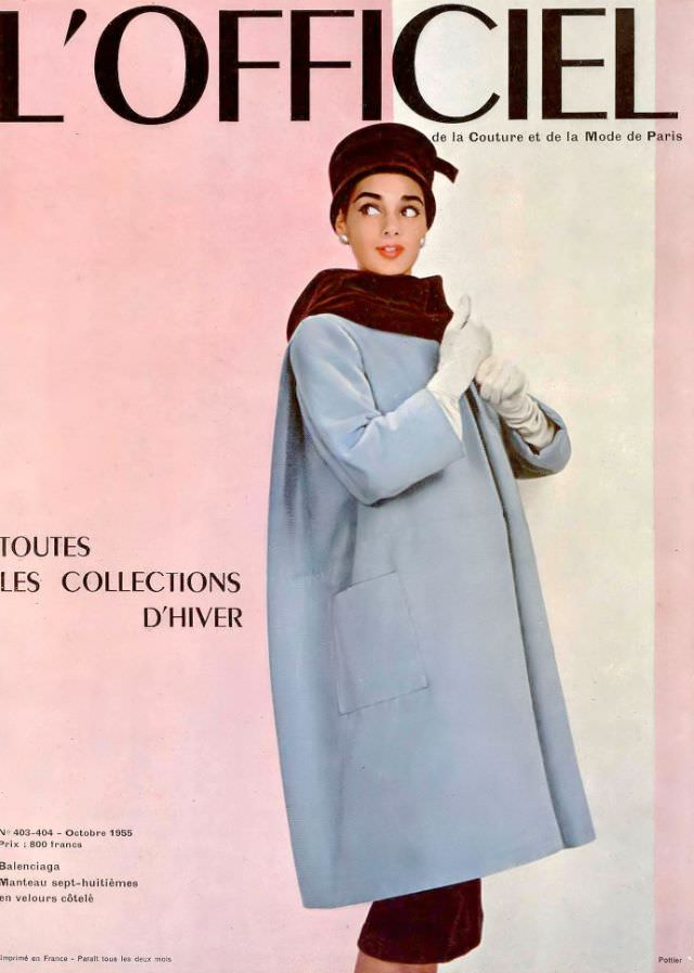 Jacky Mazel In Pale Blue Corduroy Coat By Balenciaga, L'Officiel, October 1955.