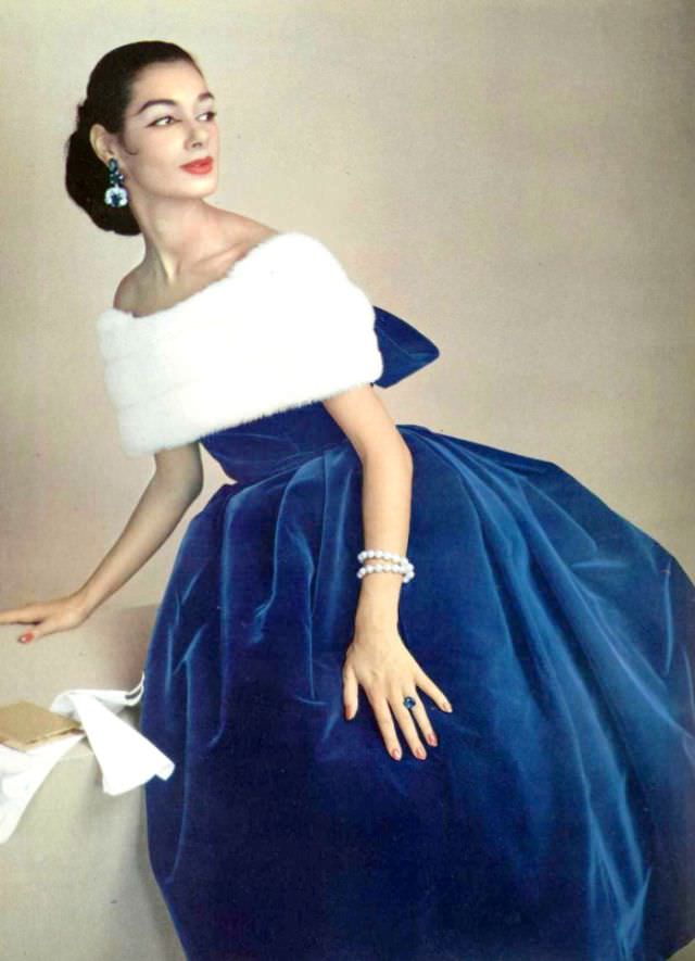 Jacky Mazel In Blue Velvet Dress By Jacques Fath, 1956.