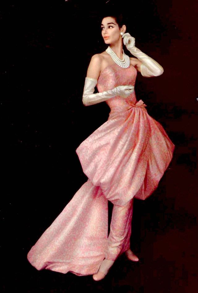 Jacky Mazel In Silk Print Gown By Hubert De Givenchy, 1956.