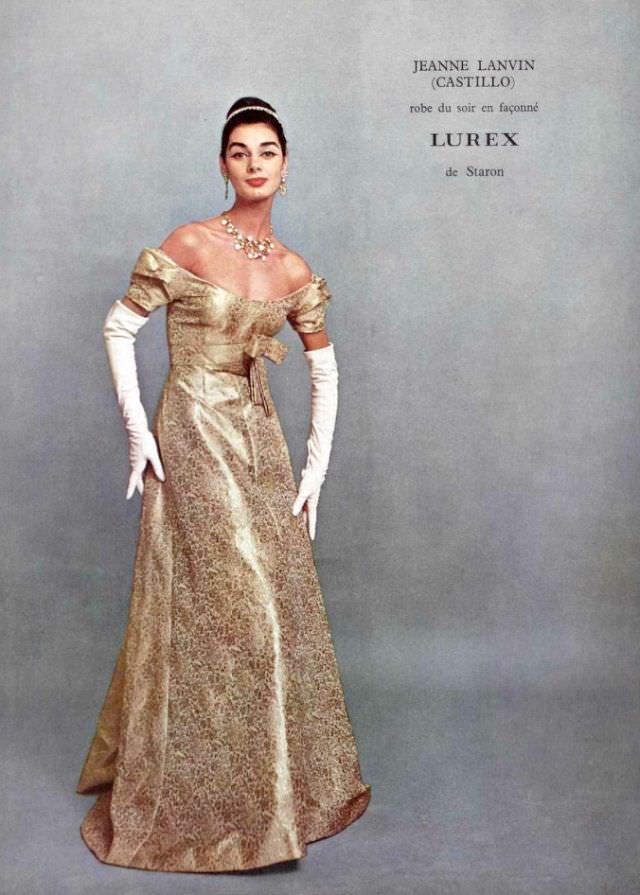 Jacky Mazel In Gold Lurex Gown By Lanvin-Castillo, 1956.