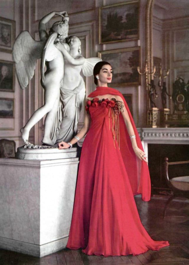 Jacky Mazel In Red Chiffon Gown By Grès, Musée Marmottan, Paris, 1956.