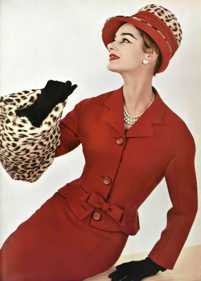 Jacky Mazel In Red Shetland Wool Suit By Pierre Balmain, 1956.
