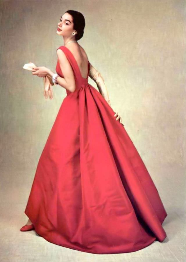 Jacky Mazel In Red Faille Gown By Hubert De Givenchy, 1956.