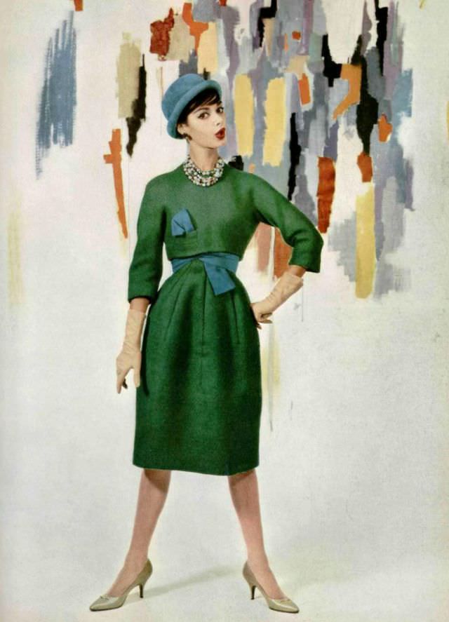 Jacky Mazel In Green Wool Dress By Michel Goma, 1958.
