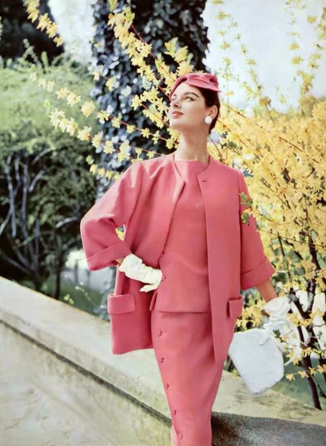 Jacky Mazel In Linen Tunic And Skirt By Christian Dior, Violette Cornille Handbag, 1955.