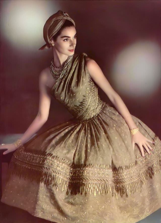 Jacky Mazel In Christian Dior'S India-Inspired Dress &Amp;Quot;Soirée De Lahore,&Amp;Quot; 1955.