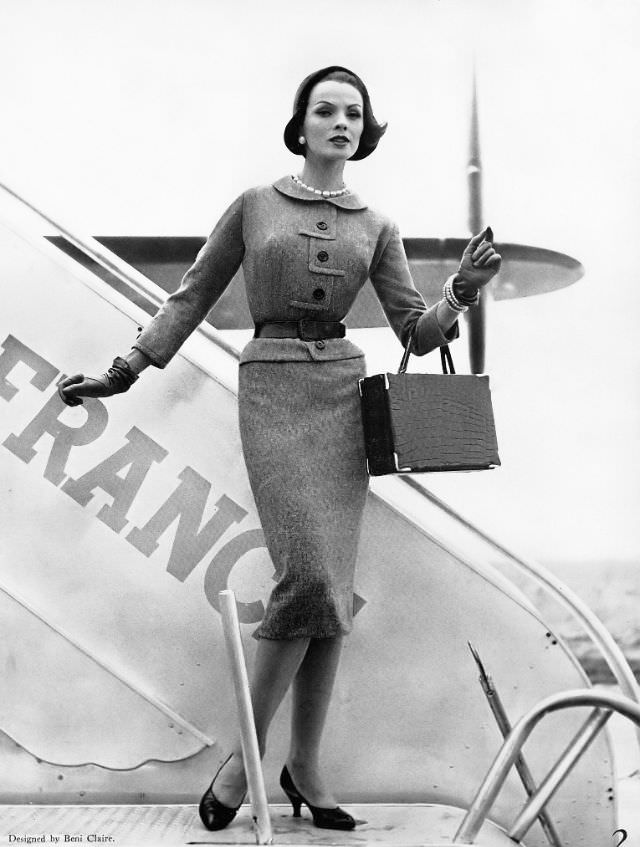 Linda Harper In A Belted Wool Tweed Dress By Beni Clair For Paul Parnes, 1957.