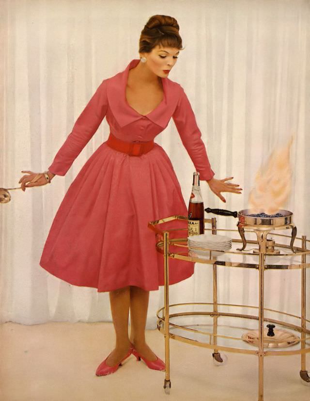 Linda Harper In A Pink Moiré Bodice And Orange Velveteen Belt By Toni Owen, 1958.