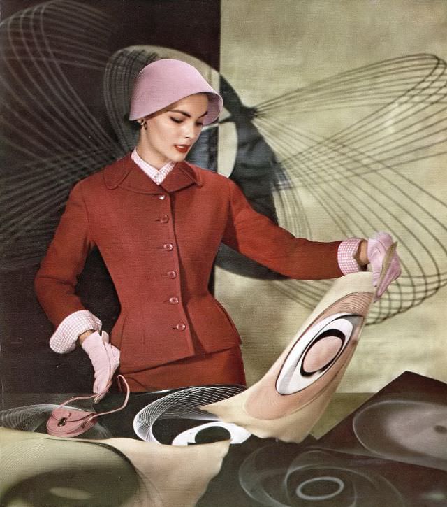 Linda Harper In A Strawberry Tweed Suit By Handmacher And Checked Shirt By Maskett Bros., 1952.