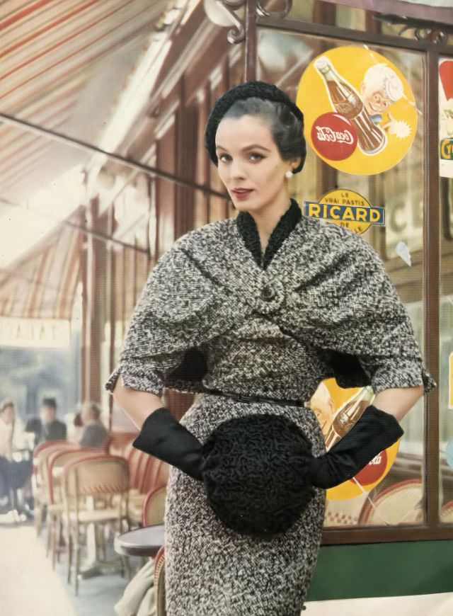 Linda Harper In A Nubby Black-And-White Tweed Dress And Persian Lamb Accessories By Jacques Fath, Paris, 1953.