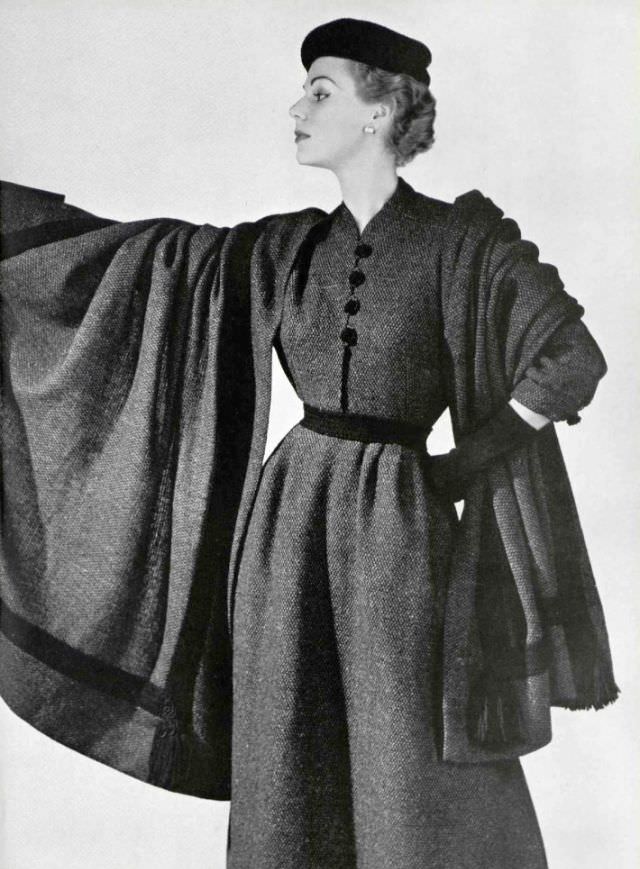 Stella In A Tweed Day-Dress With Shawl By Madeleine De Rauch, 1953.