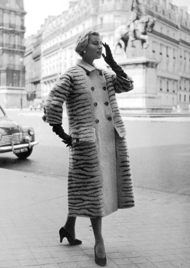 Stella In A Tiger-Stripe Wool Coat By Jacques Fath, Paris, 1953.