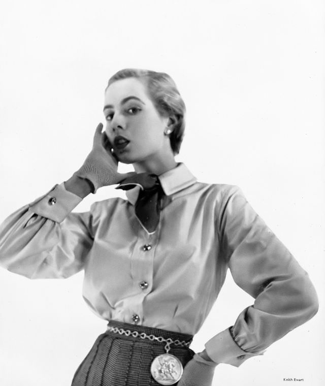 Pat O'Reilly In A Cream Poplin Shirt By Peter French, Harper'S Bazaar Uk, January 1951.