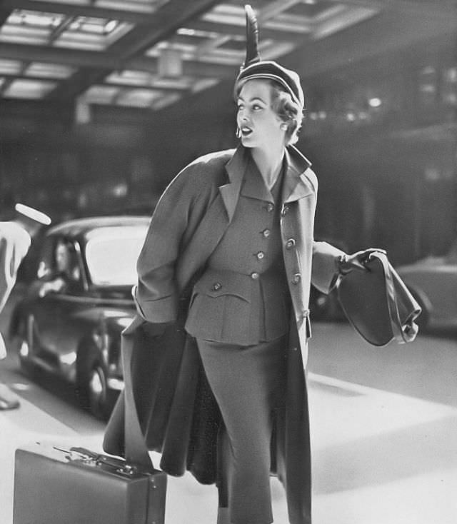 Pat O'Reilly In A Sea-Green Hopsack Topcoat By Hardy Amies, Harper'S Bazaar Uk, September 1952.