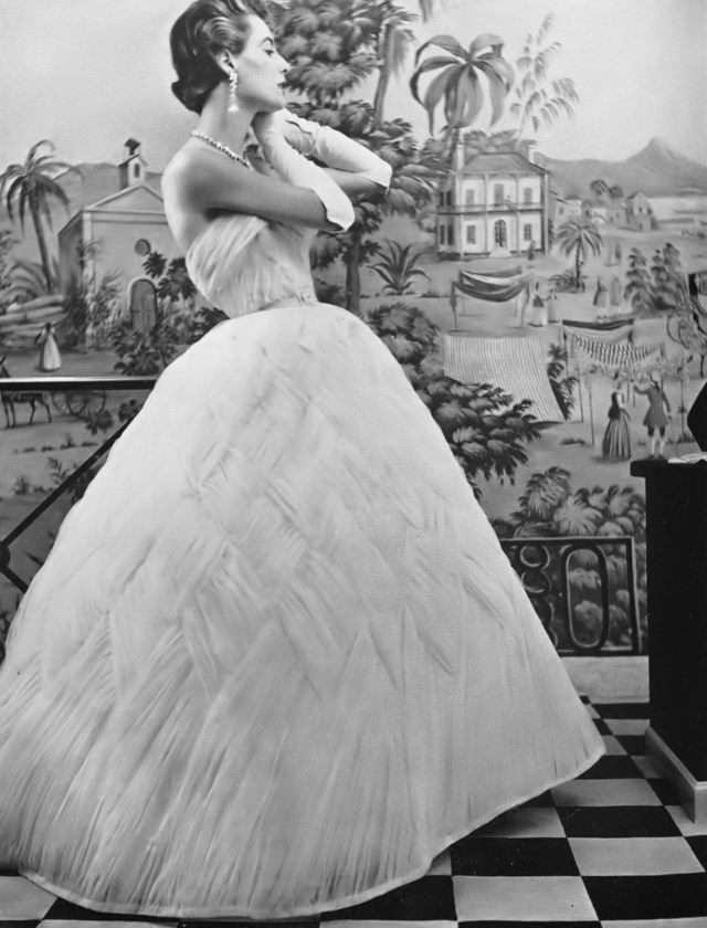 Pat O'Reilly In A Dawn-Blue Tulle Gown By Pierre Balmain, Harper'S Bazaar Uk, September 1953.