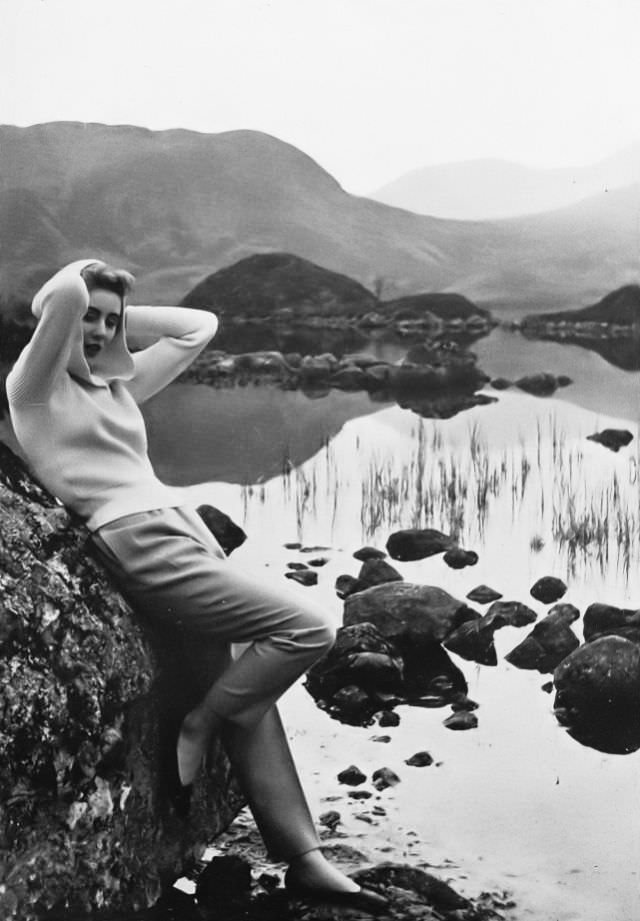 Pat O'Reilly In Camel-Hair Slacks And Wool Sweater By Jaeger, Scotland, Harper'S Bazaar Uk, August 1953.