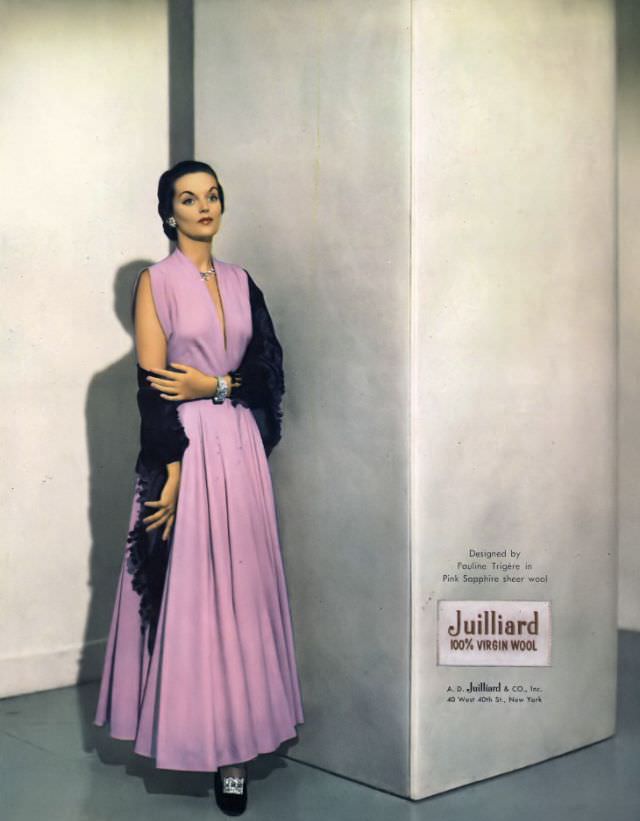 Model In Pink-Sapphire Sheer Wool By Pauline Trigere, November 1947.