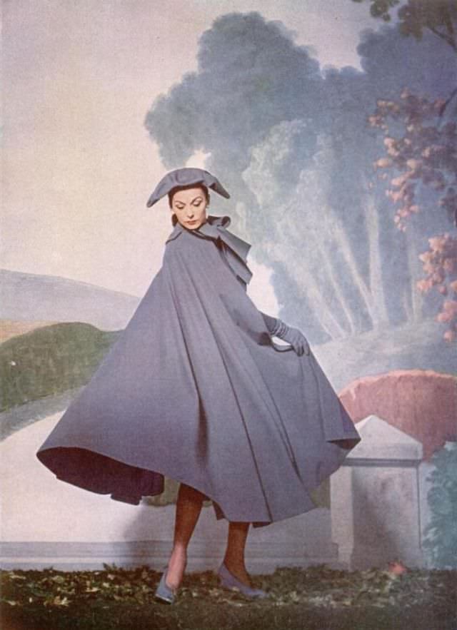 Model In Wool Cape By Pauline Trigere, 1947.