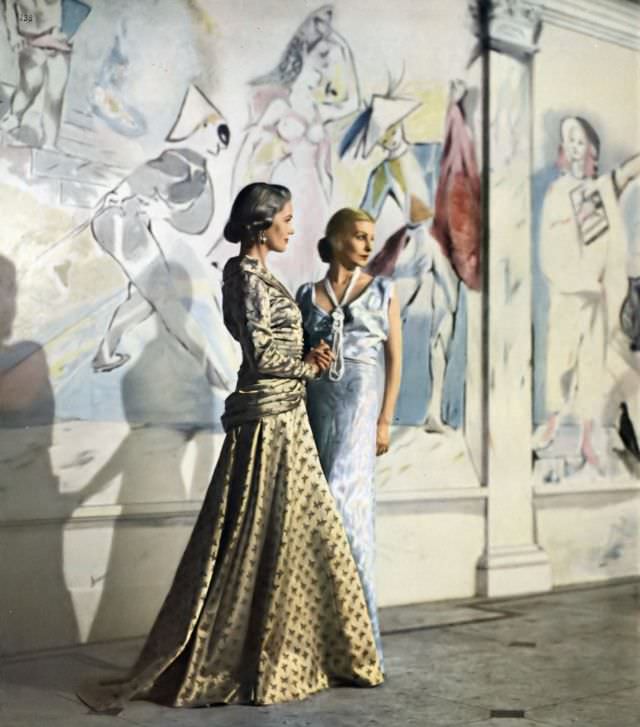Models In Brocade Gowns By Muriel King And Pauline Trigere, November 1, 1947.