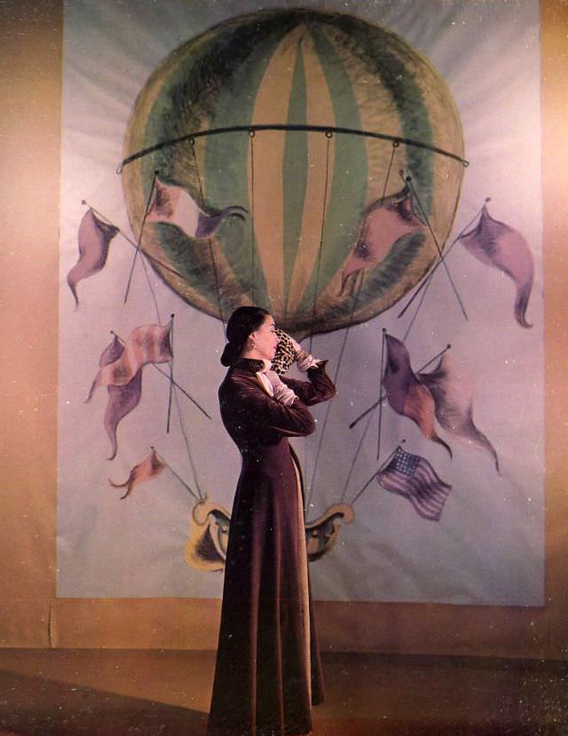 Betty Threatt In Claret Velvet Coat By Pauline Trigere, 1948.