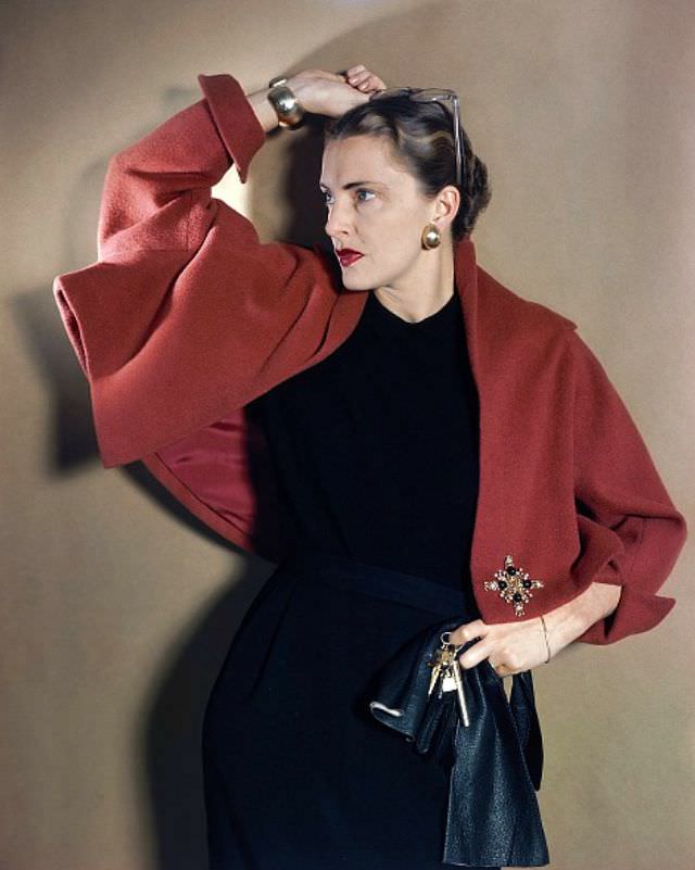 Mrs. Howard Hawks In Red Wool Capelet-Jacket By Pauline Trigere, 1948.