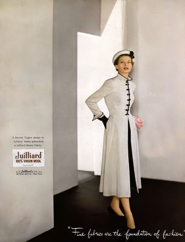 Betty Bridgers In Juilliard Kasha Gabardine Coat-Dress By Pauline Trigere, March 1949.