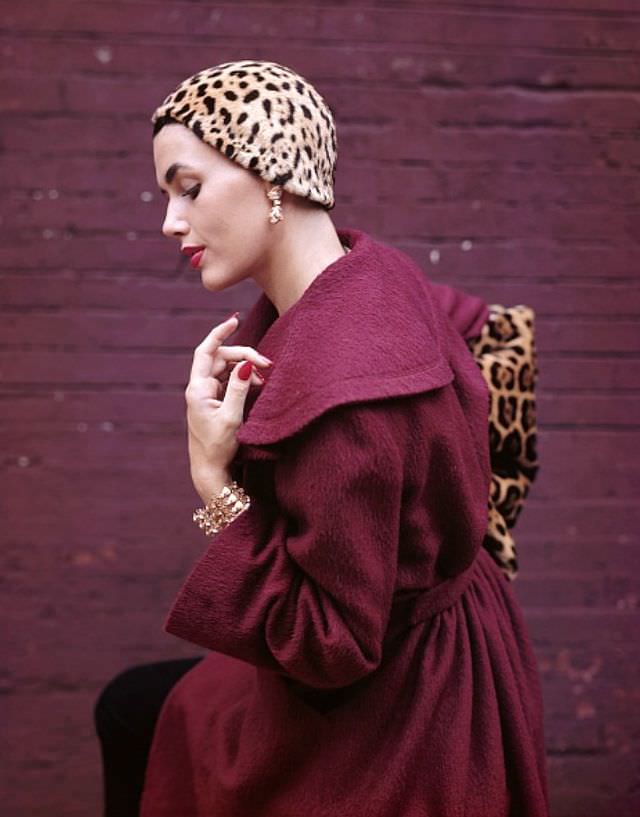 Georgia Hamilton In Plum-Colored Coat By Pauline Trigere, 1949.