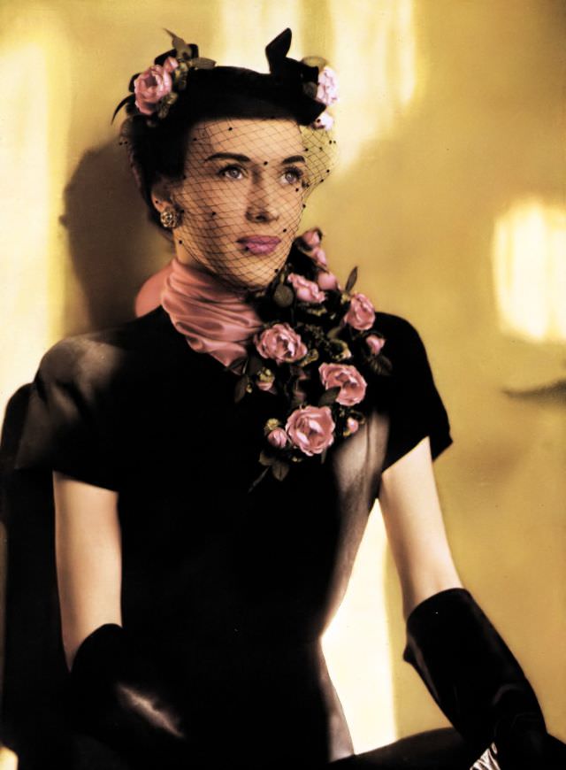 Model In Rayon And Wool Dress With Silk Rose Scarf By Pauline Trigere, March 15, 1945.