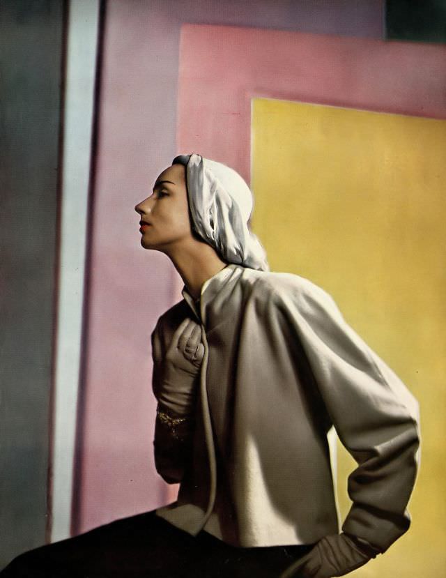 Model In Bleached Beige Juilliard Wool Jacket By Pauline Trigere, March 1945.