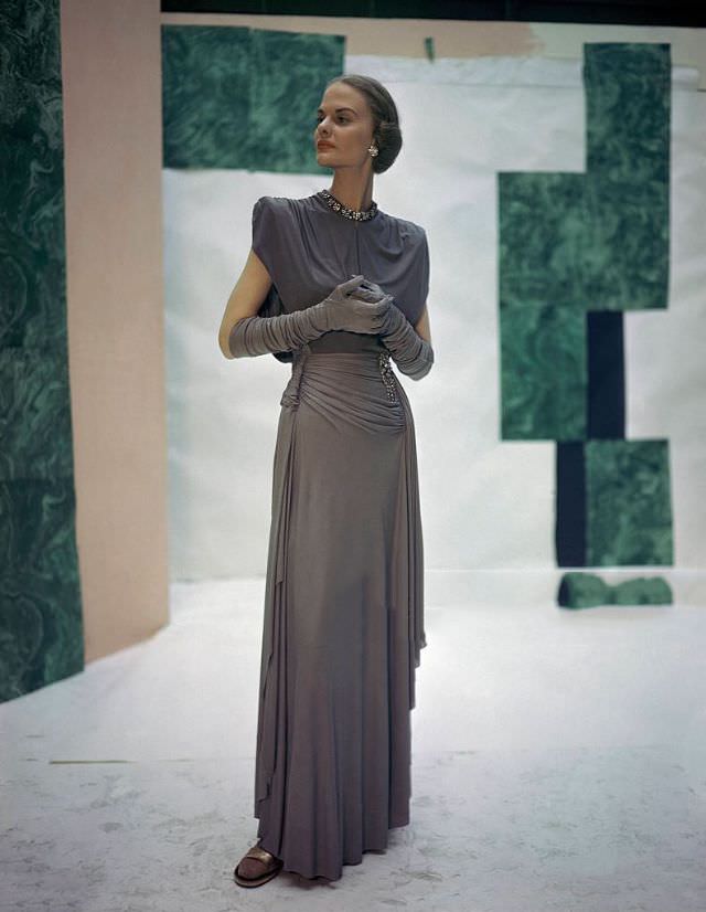 Dorothy Tivis In Steel Blue Rayon Dress By Pauline Trigere, 1946.