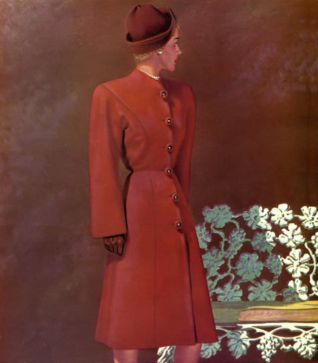 Hockanum Rose Cedar Wool Coat By Pauline Trigere, September 1945.