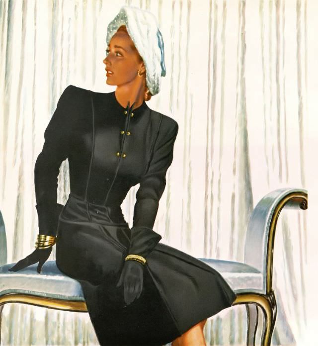 Model In Hockanum Wool Dress By Pauline Trigere, November 1946.