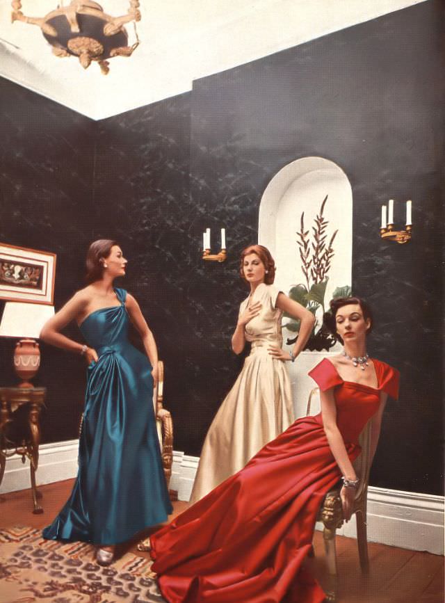 Anne Gunning And Others In Evening Gowns By Paterson, Hartnell, And Morton, 1952.