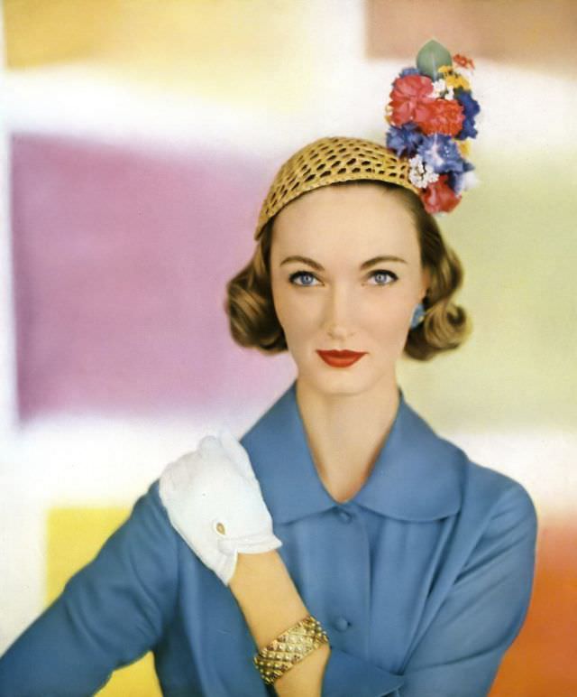 Evelyn Tripp In Sally Victor Caning-Straw Hat, Cartier Jewelry, Vogue, April 1, 1955.