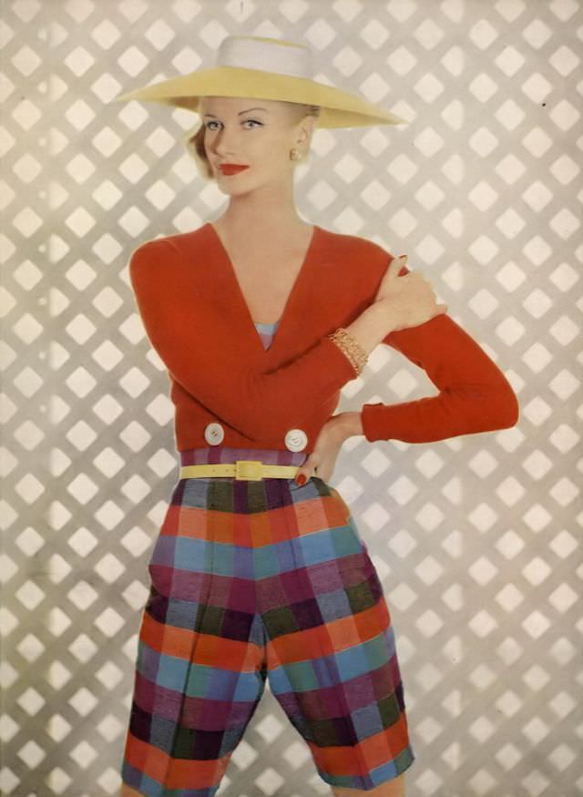 Sunny Harnett In Evelyn Gates Silk Play Suit, Sally Victor Hat, Vogue, June 1, 1955.