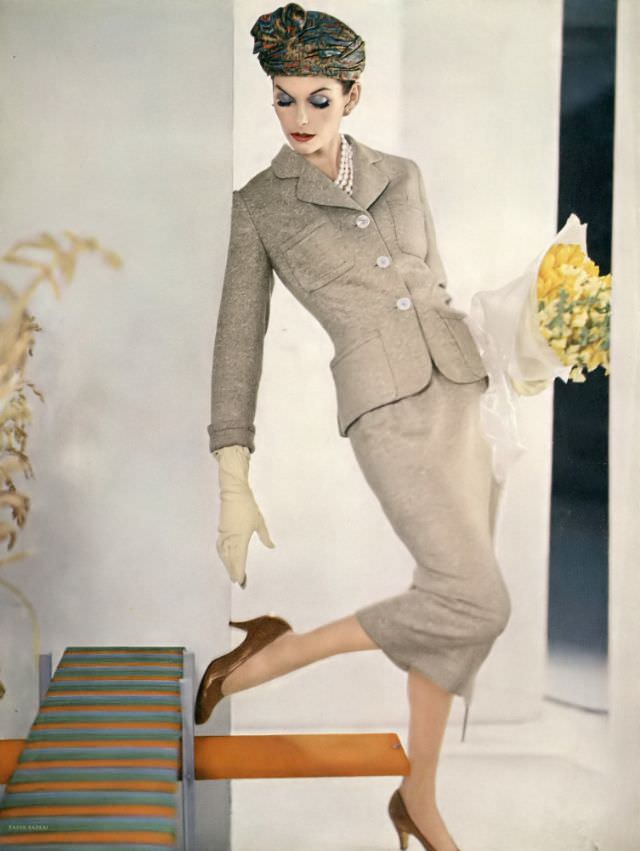 Anne St. Marie In Ben Gershel Wool Tweed Suit, Sally Victor Turban, Vogue, February 15, 1956.