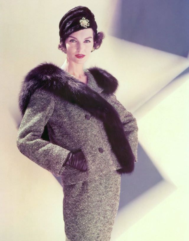 Joanna Mccormick In Ben Zuckerman Tweed Suit, Sally Victor Turban, Vogue, October 1956.