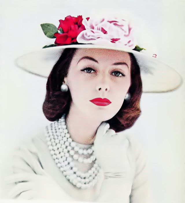 Lucinda Hollingsworth In Sally Victor Beige Baku Hat, Ladies' Home Journal, March 1956.