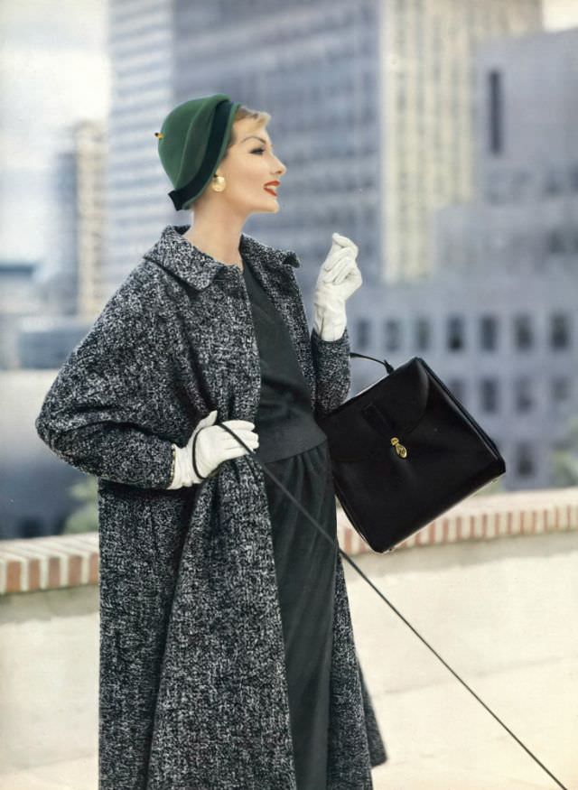 Jessica Ford In Tweed Coat, Sally Victor Felt Hat, Vogue, October 1, 1957.