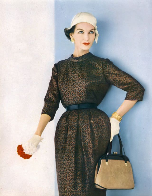Joanna Mccormick In Ben Barrack Silk Surah Dress, Sally Victor Linen Helmet, Vogue, March 1, 1957.