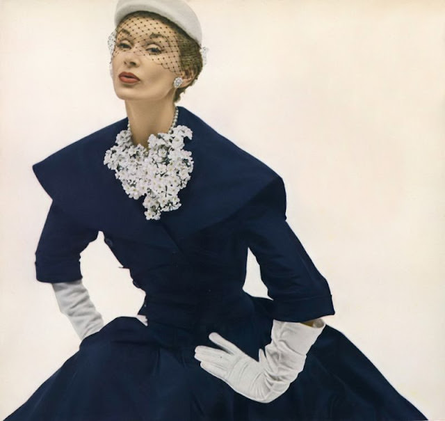 Lisa Fonssagrives In Navy Blue Silk Taffeta Dinner Suit By Larry Aldrich, Sally Victor Hat, Vogue, March 1, 1950.