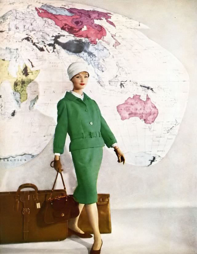Evelyn Tripp In Dan Millstein Tweed Suit, Sally Victor Hat, Harper'S Bazaar, January 1958.