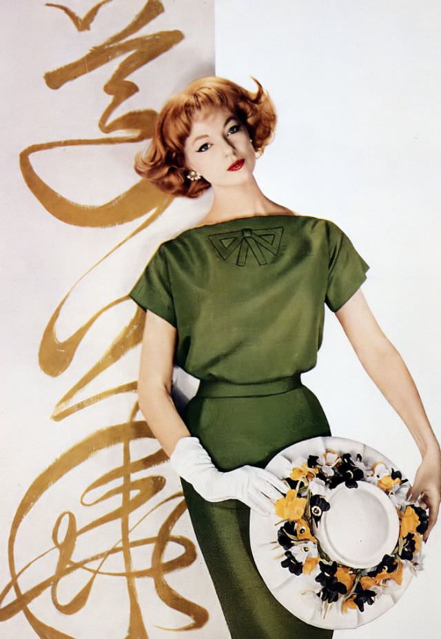 Ivy Nicholson In Oleg Cassini Dress, Sally Victor Hat, Harper'S Bazaar, April 1958.