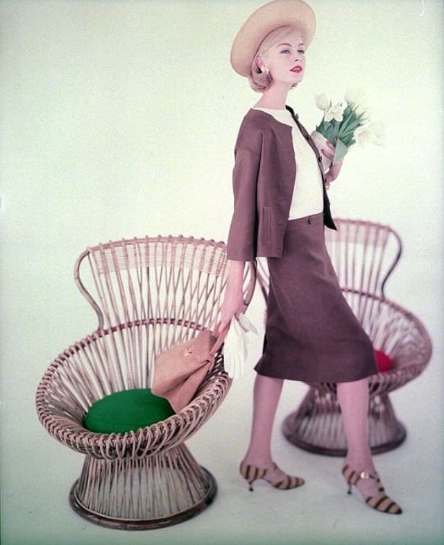 Model In Linen Dress With Sally Victor Hat, Vogue, 1958.
