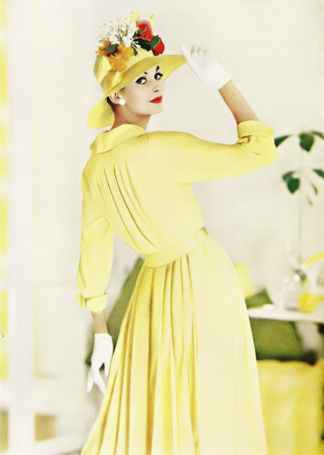 Anne St. Marie In Rayon Crêpe Dress, Sally Victor Straw Hat, Ladies' Home Journal, May 1959.