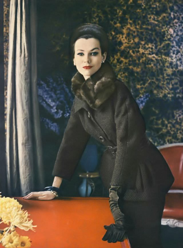 Model In Ben Zuckerman Tweed Suit, Sally Victor Mink Hat, Vogue, September 15, 1959.